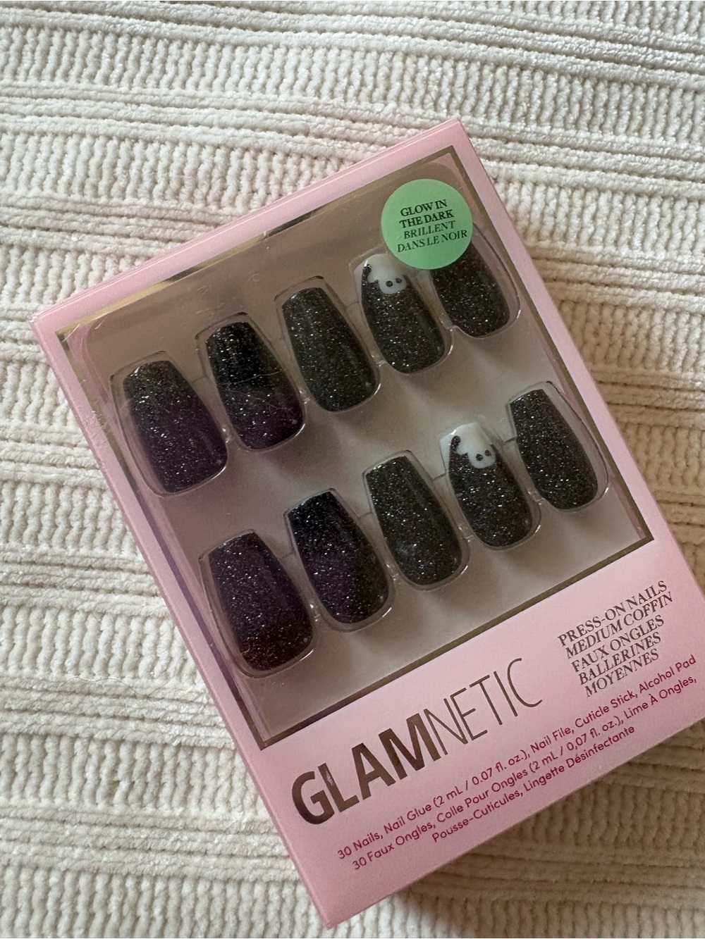 Glamnetic Black Glitter Ghost Press-On Nails - Medium Coffin Phantom Glow